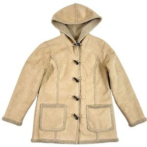 L.L. Bean Brown Tan Sherpa Lined Toggle Button Hooded Coat Size Small